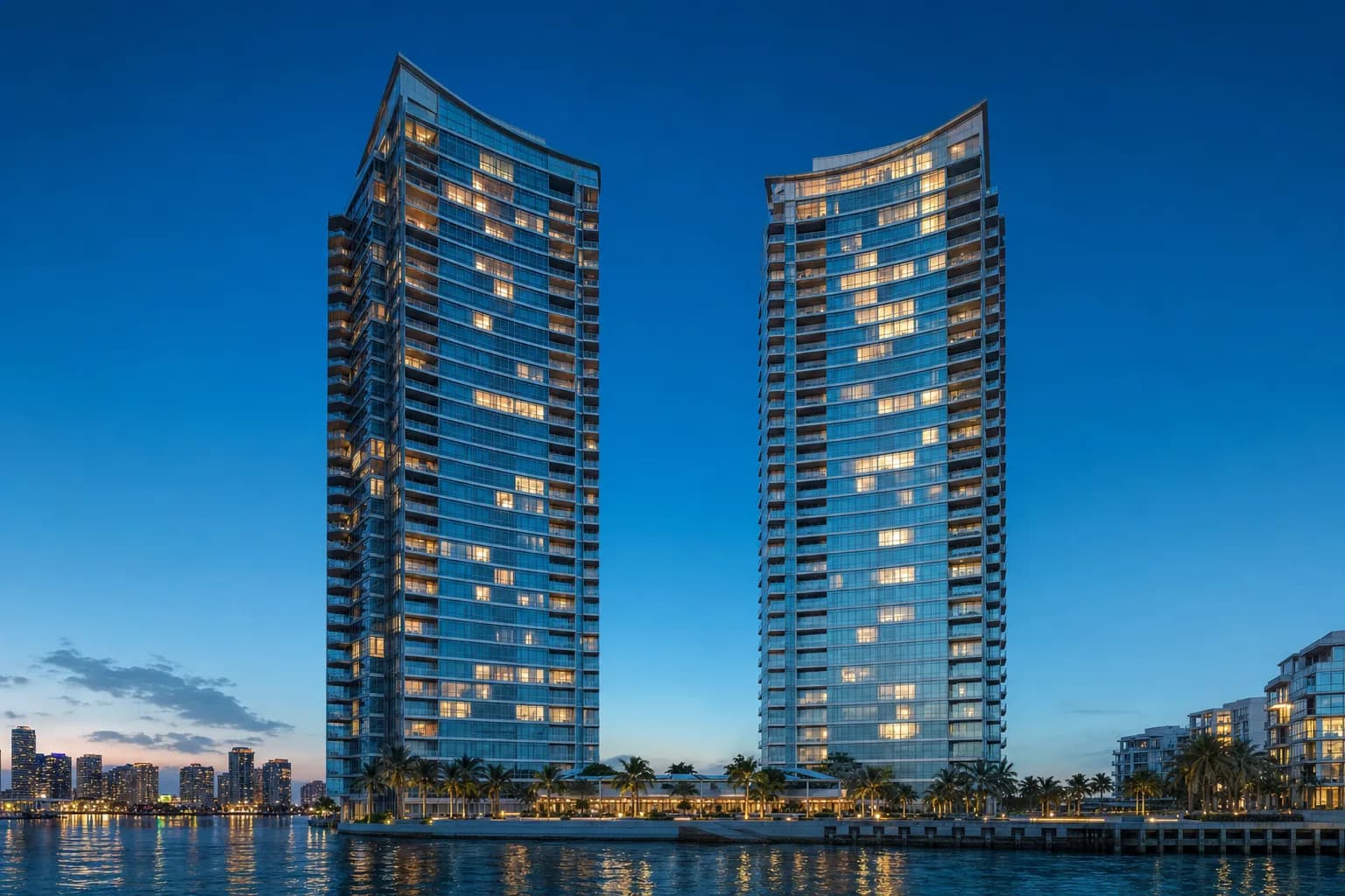 A Meridian tower on the Edgewater marina front at dusk
